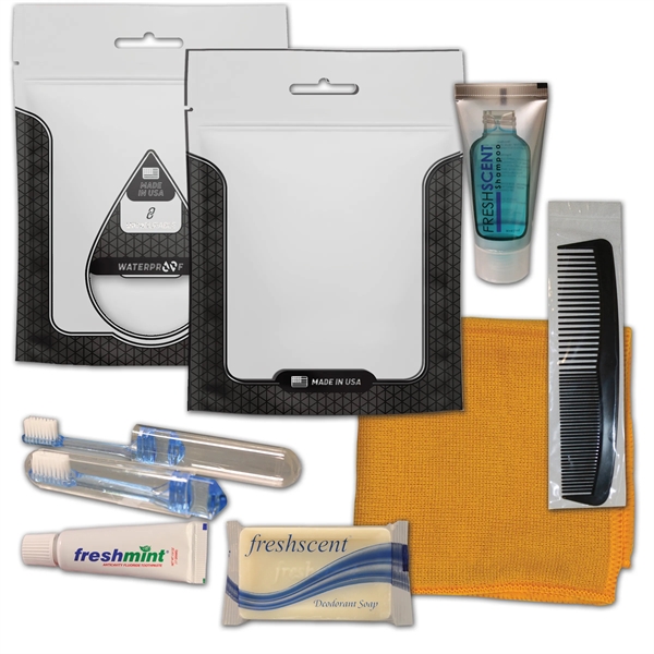 Hygiene kit with a washcloth, toothbrush, toothpaste, shampoo, deodorant soap, and... from ASI 84514 Safety Made
