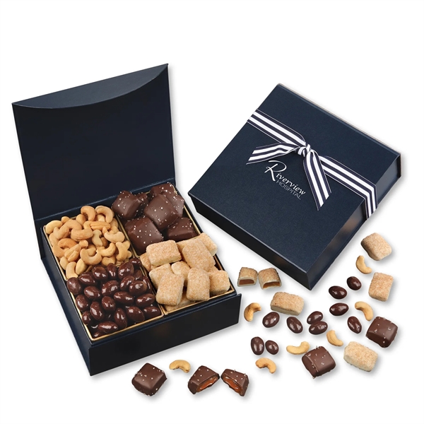 navy magnetic closure gift box filled with an assortment of gourmet... from ASI 68680 Maple Ridge Farms Inc