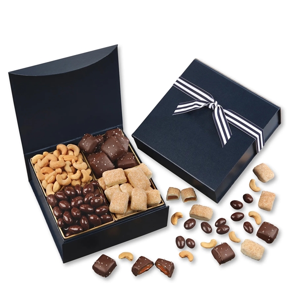 navy magnetic closure gift box filled with an assortment of gourmet... from ASI 68680 Maple Ridge Farms Inc
