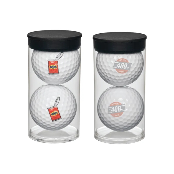 Clear plastic tube filled with 2 imprinted golf balls.... from ASI 57655 STOPNGO Line