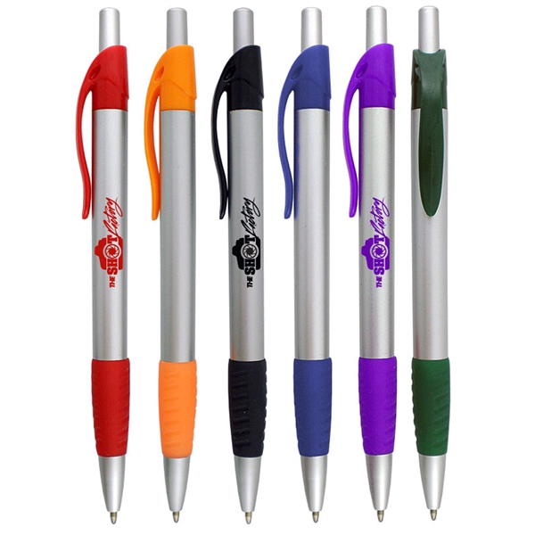 Ballpoint pen with silver barrel and a colored rubber grip.... from ASI 90859 Tempo Industries Inc