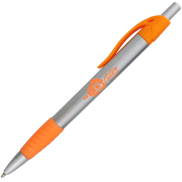 Ballpoint pen with silver barrel and a colored rubber grip.... from ASI 90859 Tempo Industries Inc
