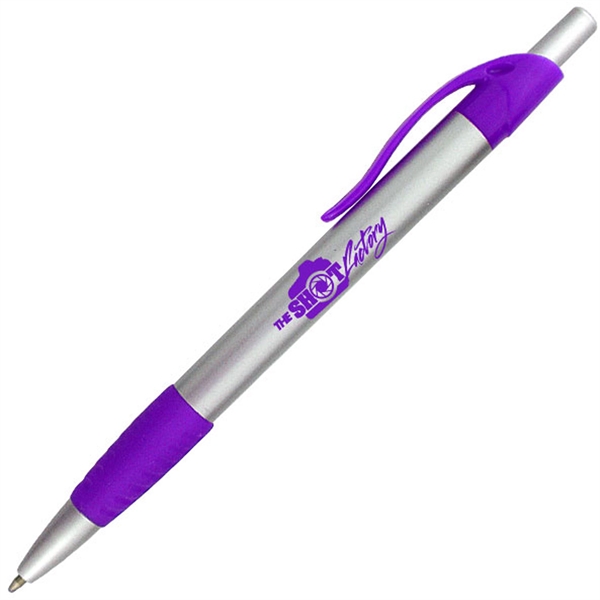 Ballpoint pen with silver barrel and a colored rubber grip.... from ASI 90859 Tempo Industries Inc