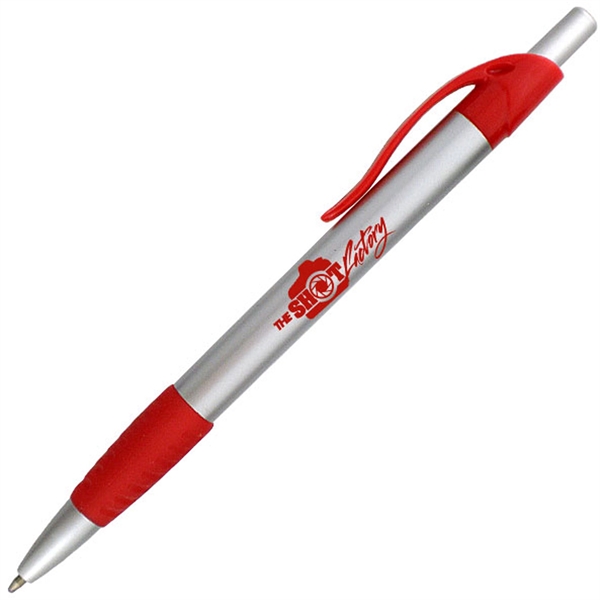 Ballpoint pen with silver barrel and a colored rubber grip.... from ASI 90859 Tempo Industries Inc