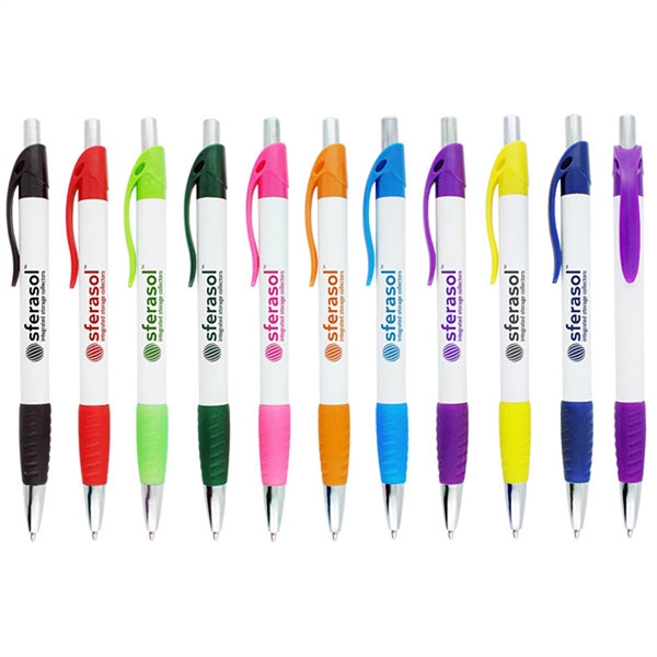 Ballpoint pen with solid white barrel and a colored rubber grip.... from ASI 90859 Tempo Industries Inc