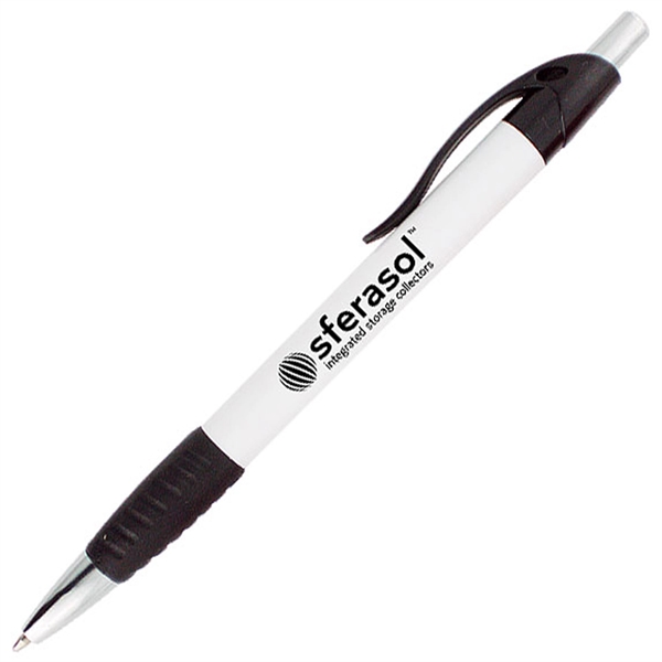 Ballpoint pen with solid white barrel and a colored rubber grip.... from ASI 90859 Tempo Industries Inc