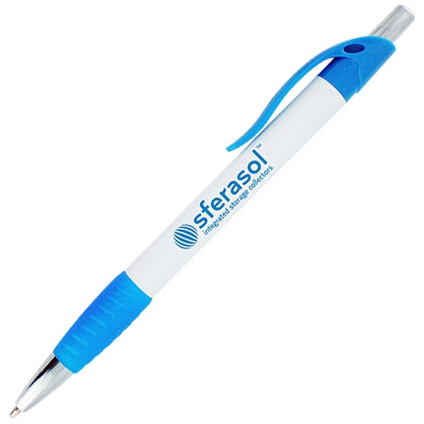 Ballpoint pen with solid white barrel and a colored rubber grip.... from ASI 90859 Tempo Industries Inc