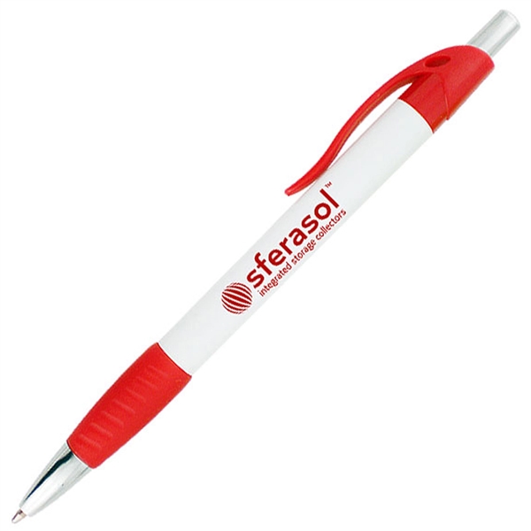 Ballpoint pen with solid white barrel and a colored rubber grip.... from ASI 90859 Tempo Industries Inc