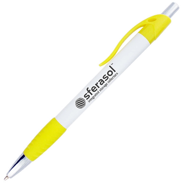 Ballpoint pen with solid white barrel and a colored rubber grip.... from ASI 90859 Tempo Industries Inc