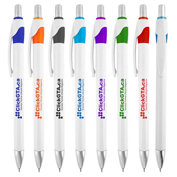 Slim body click-action pen featuring a solid white barrel with translucent... from ASI 90859 Tempo Industries Inc