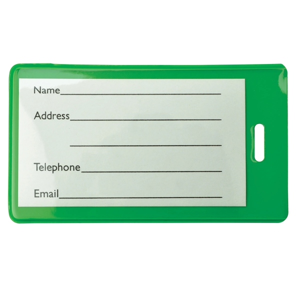 Custom printed, brightly colored luggage tag holders made from semi-rigid vinyl... from ASI 79898 Promovision / PROMOVISION