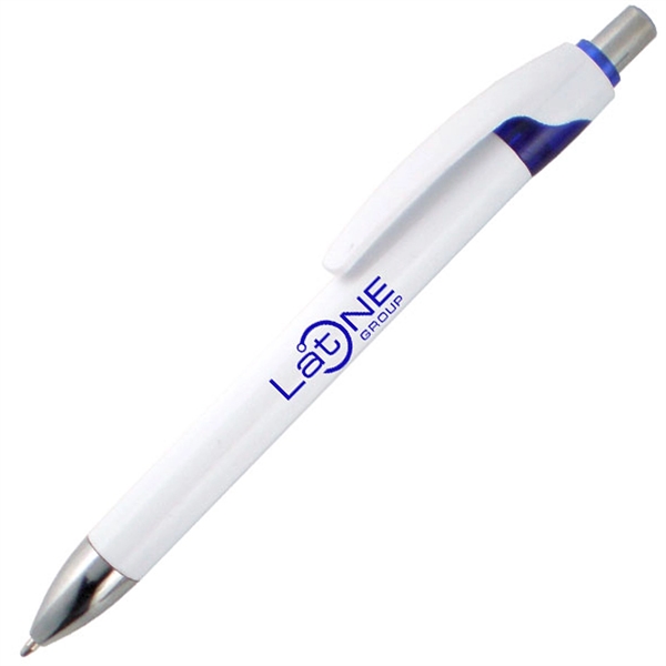 White ballpoint pen with colored trim and click-action mechanism.... from ASI 90859 Tempo Industries Inc