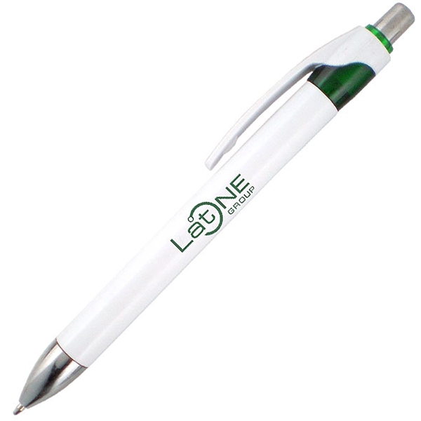 White ballpoint pen with colored trim and click-action mechanism.... from ASI 90859 Tempo Industries Inc
