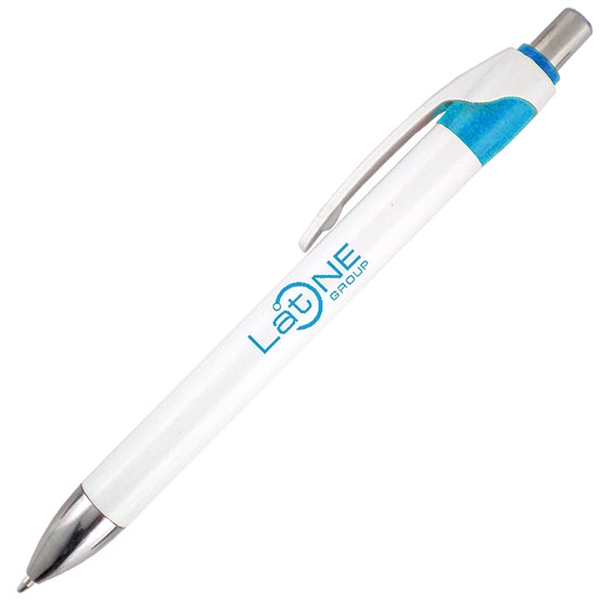 White ballpoint pen with colored trim and click-action mechanism.... from ASI 90859 Tempo Industries Inc