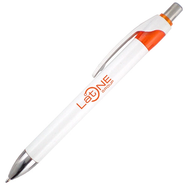 White ballpoint pen with colored trim and click-action mechanism.... from ASI 90859 Tempo Industries Inc