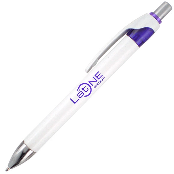White ballpoint pen with colored trim and click-action mechanism.... from ASI 90859 Tempo Industries Inc