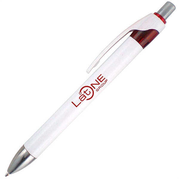 White ballpoint pen with colored trim and click-action mechanism.... from ASI 90859 Tempo Industries Inc