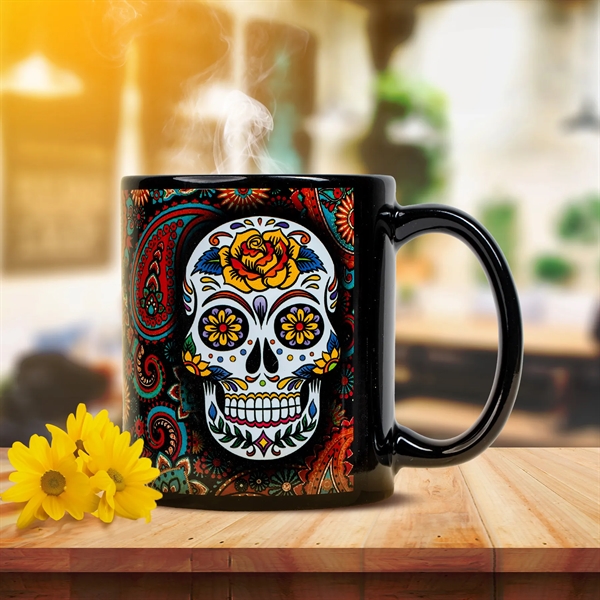 A Black 11 oz USA-made full-color sublimated ceramic mug.... from ASI 61966 HPG / Best Promotions USA
