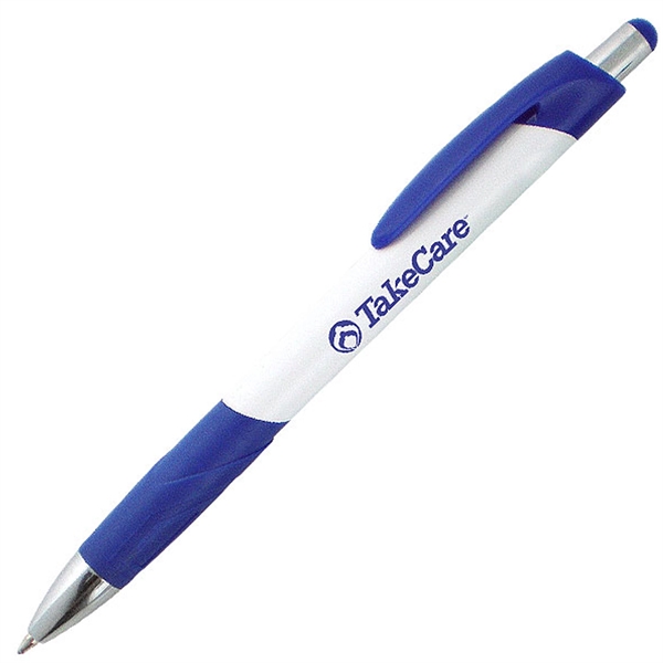 White ballpoint pen with a uniquely-shaped rubber comfort grip.... from ASI 90859 Tempo Industries Inc