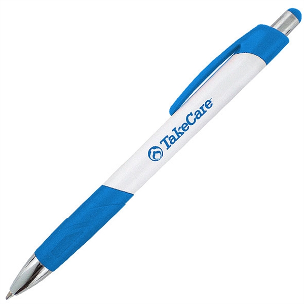 White ballpoint pen with a uniquely-shaped rubber comfort grip.... from ASI 90859 Tempo Industries Inc