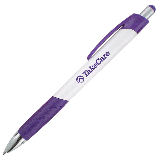 White ballpoint pen with a uniquely-shaped rubber comfort grip.... from ASI 90859 Tempo Industries Inc
