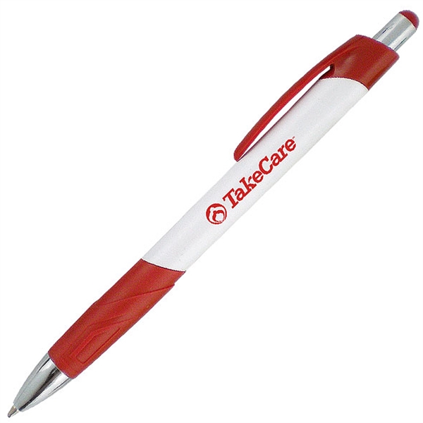 White ballpoint pen with a uniquely-shaped rubber comfort grip.... from ASI 90859 Tempo Industries Inc