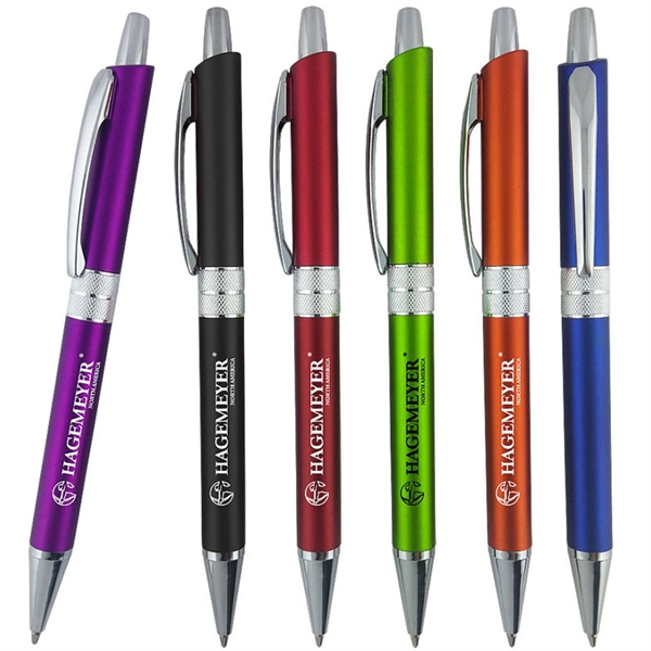 Click-action ballpoint pen with metallic colored barrel, metal clip, and chrome... from ASI 90859 Tempo Industries Inc
