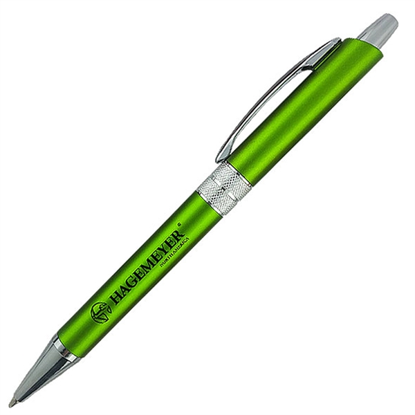 Click-action ballpoint pen with metallic colored barrel, metal clip, and chrome... from ASI 90859 Tempo Industries Inc