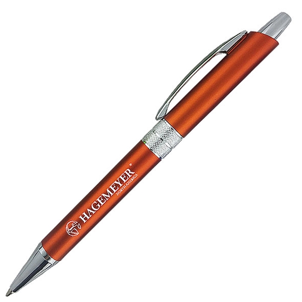 Click-action ballpoint pen with metallic colored barrel, metal clip, and chrome... from ASI 90859 Tempo Industries Inc
