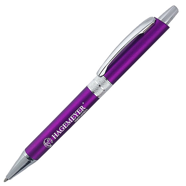 Click-action ballpoint pen with metallic colored barrel, metal clip, and chrome... from ASI 90859 Tempo Industries Inc