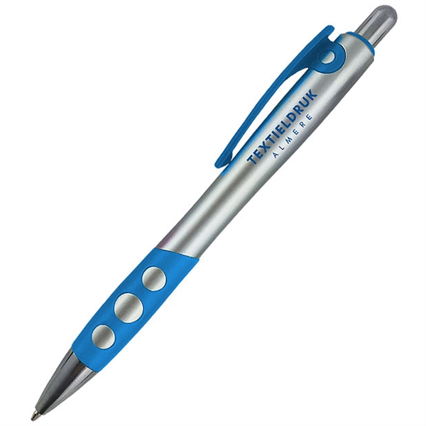 Click action pen with a silver barrel, colored plastic clip, colored... from ASI 90859 Tempo Industries Inc