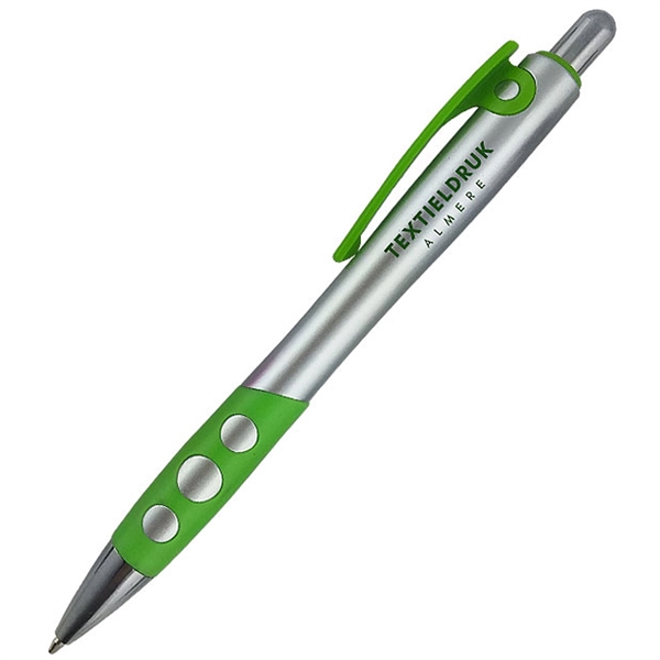 Click action pen with a silver barrel, colored plastic clip, colored... from ASI 90859 Tempo Industries Inc