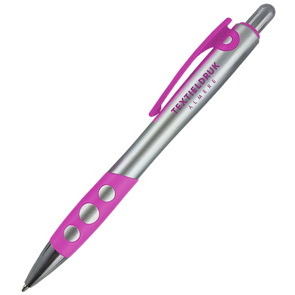 Click action pen with a silver barrel, colored plastic clip, colored... from ASI 90859 Tempo Industries Inc