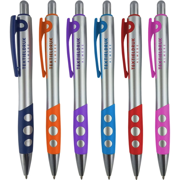 Click action pen with a silver barrel, colored plastic clip, colored... from ASI 90859 Tempo Industries Inc