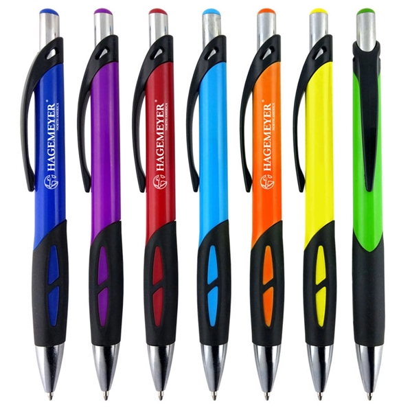 Ballpoint pen with solid colored barrel and a uniquely-shaped black rubber... from ASI 90859 Tempo Industries Inc