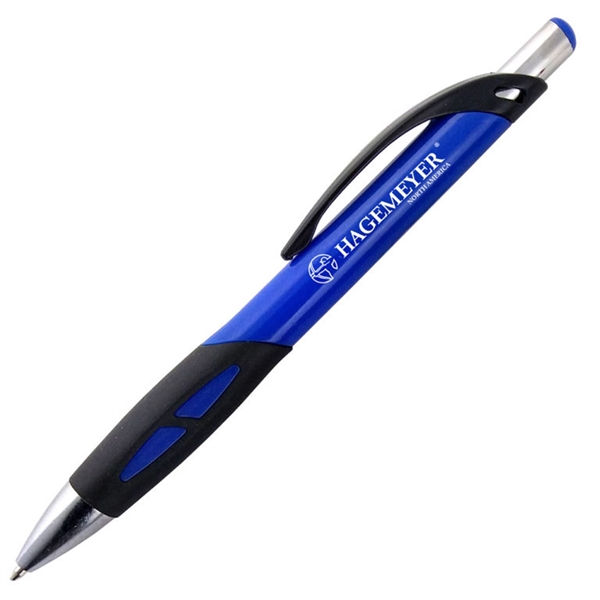 Ballpoint pen with solid colored barrel and a uniquely-shaped black rubber... from ASI 90859 Tempo Industries Inc