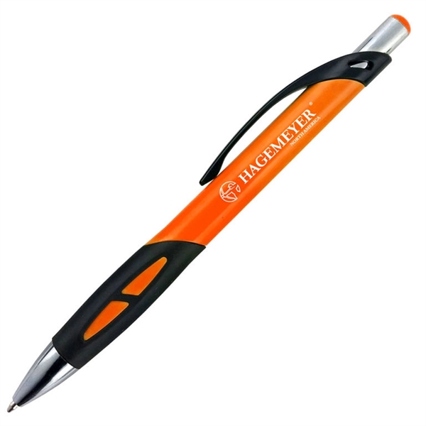 Ballpoint pen with solid colored barrel and a uniquely-shaped black rubber... from ASI 90859 Tempo Industries Inc
