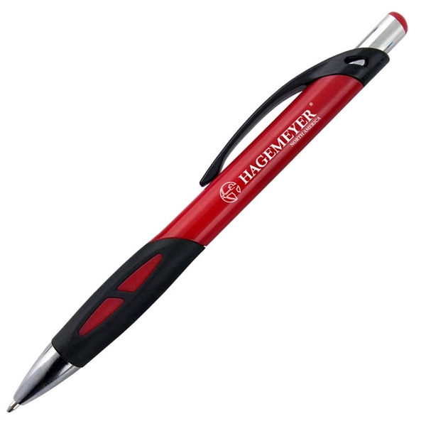 Ballpoint pen with solid colored barrel and a uniquely-shaped black rubber... from ASI 90859 Tempo Industries Inc