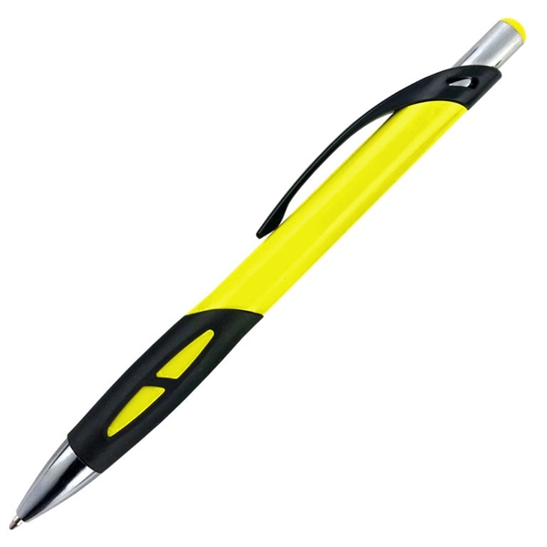 Ballpoint pen with solid colored barrel and a uniquely-shaped black rubber... from ASI 90859 Tempo Industries Inc