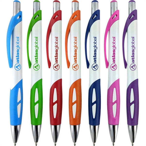 Ballpoint pen with a white barrel and a uniquely-shaped colored rubber... from ASI 90859 Tempo Industries Inc