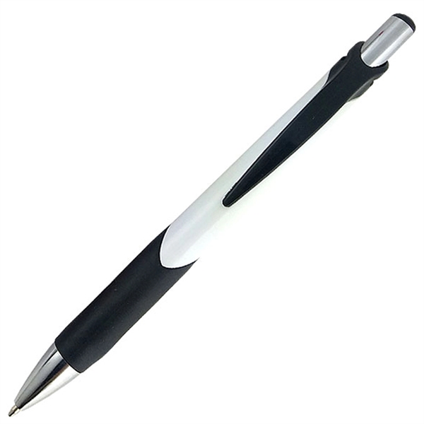 Ballpoint pen with a white barrel and a uniquely-shaped colored rubber... from ASI 90859 Tempo Industries Inc