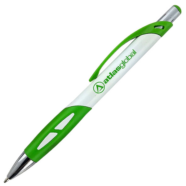 Ballpoint pen with a white barrel and a uniquely-shaped colored rubber... from ASI 90859 Tempo Industries Inc