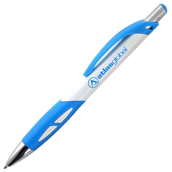 Ballpoint pen with a white barrel and a uniquely-shaped colored rubber... from ASI 90859 Tempo Industries Inc