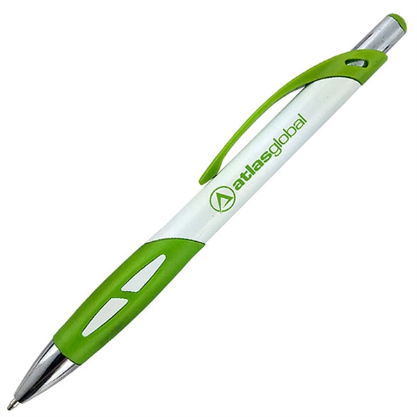 Ballpoint pen with a white barrel and a uniquely-shaped colored rubber... from ASI 90859 Tempo Industries Inc