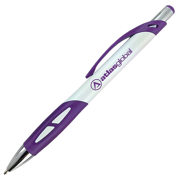 Ballpoint pen with a white barrel and a uniquely-shaped colored rubber... from ASI 90859 Tempo Industries Inc