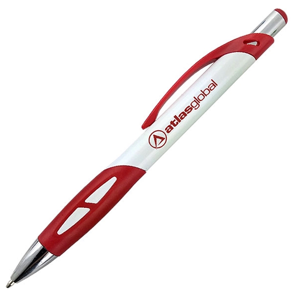 Ballpoint pen with a white barrel and a uniquely-shaped colored rubber... from ASI 90859 Tempo Industries Inc