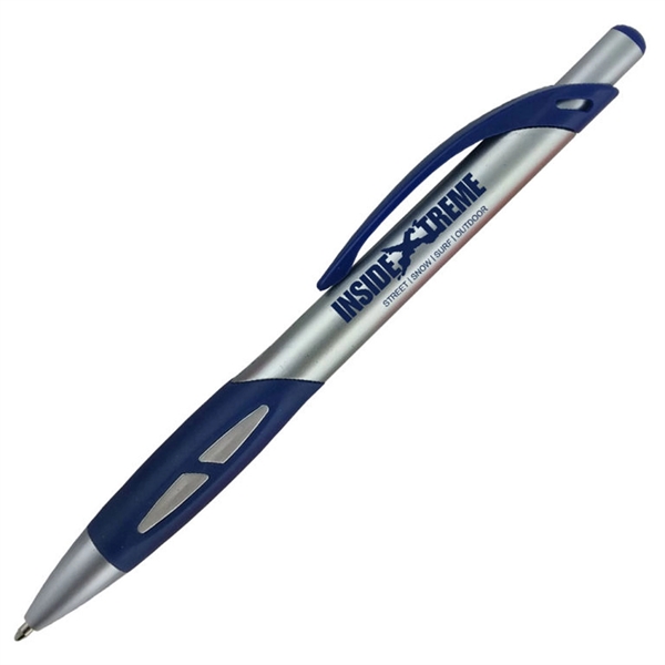 Ballpoint pen with a silver barrel and a uniquely-shaped colored rubber... from ASI 90859 Tempo Industries Inc