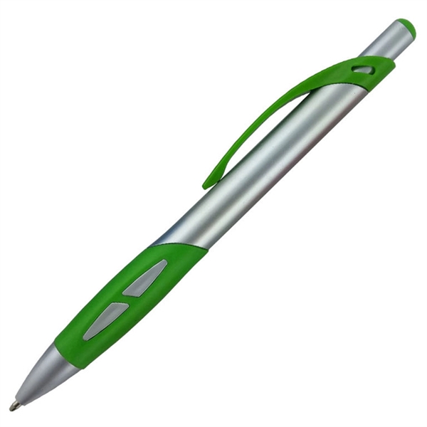 Ballpoint pen with a silver barrel and a uniquely-shaped colored rubber... from ASI 90859 Tempo Industries Inc