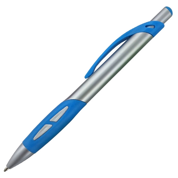 Ballpoint pen with a silver barrel and a uniquely-shaped colored rubber... from ASI 90859 Tempo Industries Inc