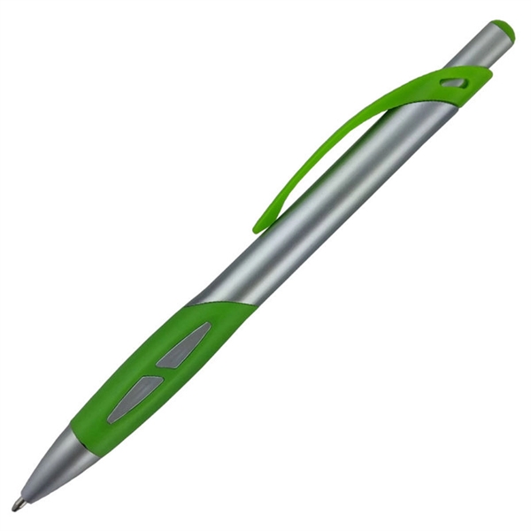 Ballpoint pen with a silver barrel and a uniquely-shaped colored rubber... from ASI 90859 Tempo Industries Inc